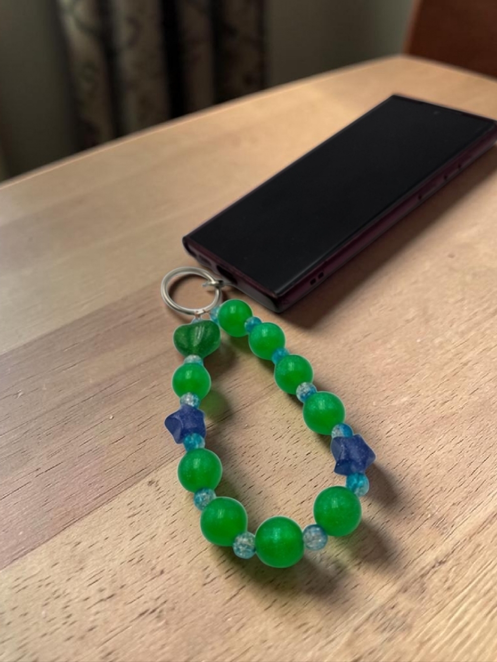 Handmade Green & Blue Beaded Phone Charm – Cute Wrist Strap Accessory